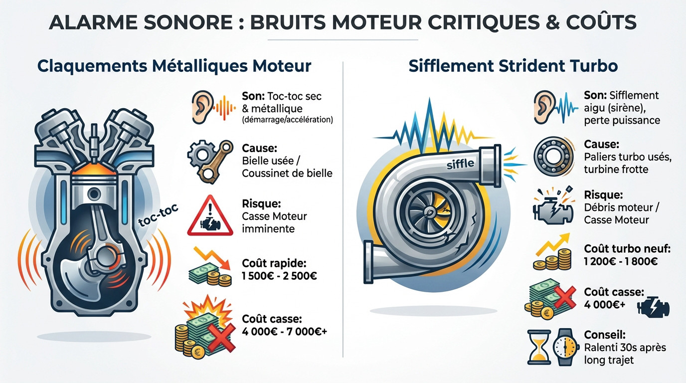 Illustration d'un moteur de voiture émettant des bruits inquiétants symbolisant des coûts de réparation élevés