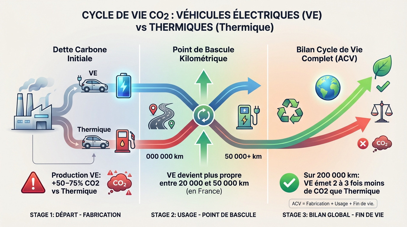 Graphique comparatif des émissions de CO2 sur le cycle de vie entre voiture électrique et thermique
