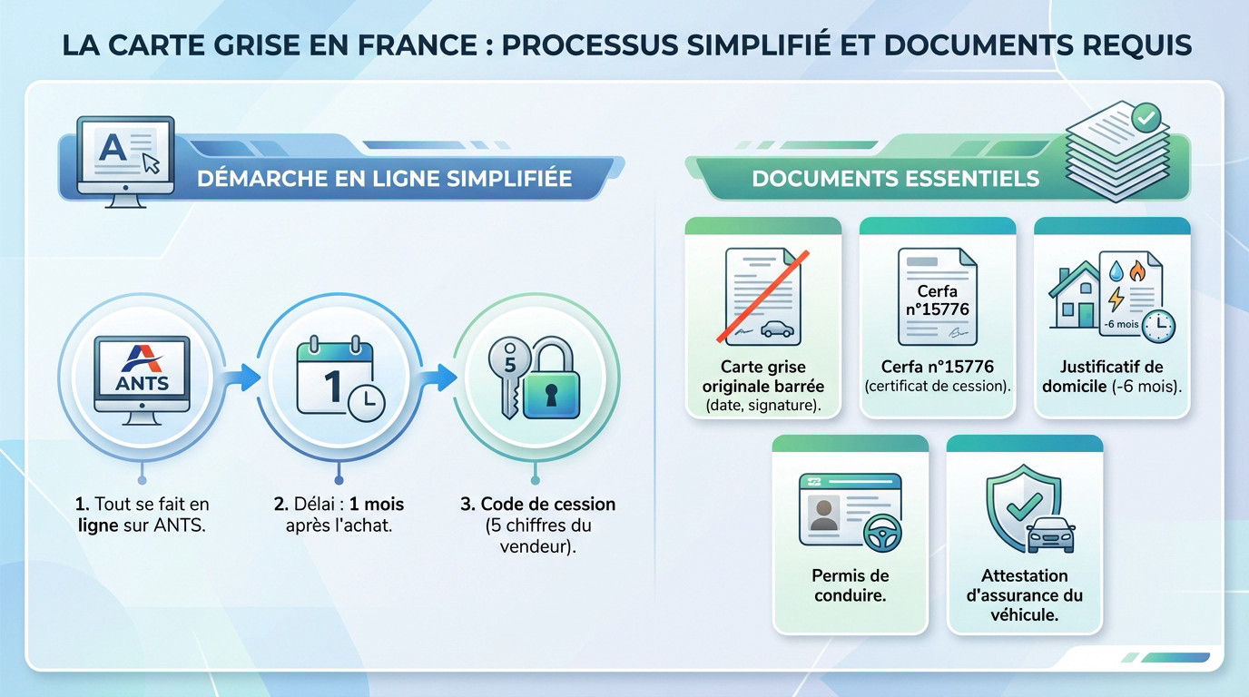 Illustration des documents nécessaires et du processus simplifié pour la carte grise en ligne via l'ANTS
