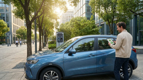Man checking tablet with eco-savings next to a blue electric SUV charging in a modern, tree-lined urban street at sunset.