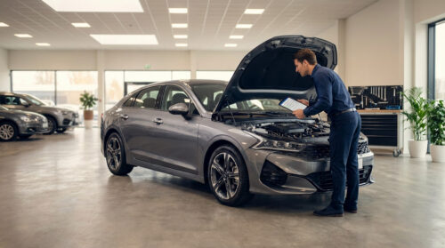 A man in smart casual attire inspects a dark grey sedan's engine bay in a bright showroom, holding a digital tablet.