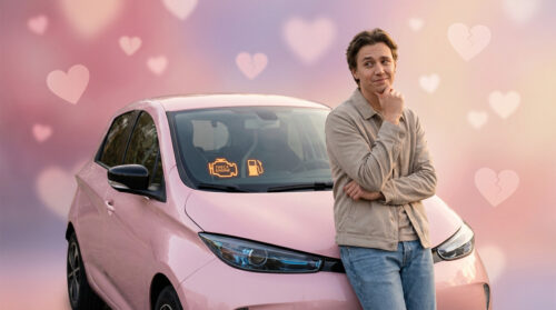 A young man stands by a pink car with glowing 'check engine' and 'low fuel' warnings. Dreamy pink/purple background with hearts.