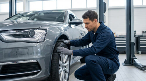 Male mechanic in blue uniform and gloves kneels, meticulously inspecting a grey car's tire in a clean, modern auto service bay.