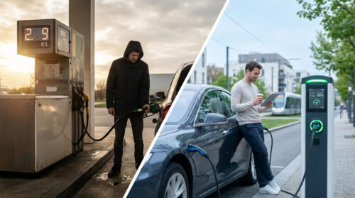 Image divisée : homme malheureux faisant le plein d'essence à 2,9€/L et homme souriant chargeant sa voiture électrique en ville.