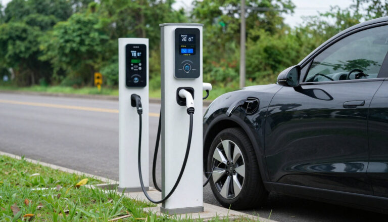 Vue latérale d'une voiture électrique gris foncé branchée sur une borne de recharge moderne en bord de route. Une seconde borne est visible.