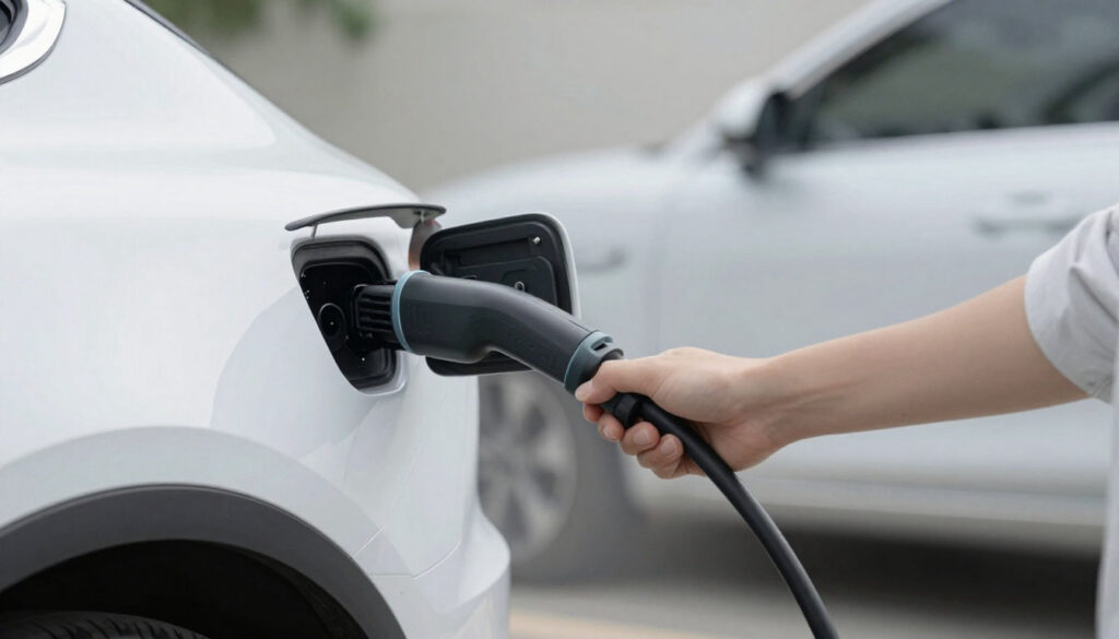 Main branchant un câble de recharge sur une voiture électrique blanche. Le port de recharge est ouvert, révélant les connecteurs.