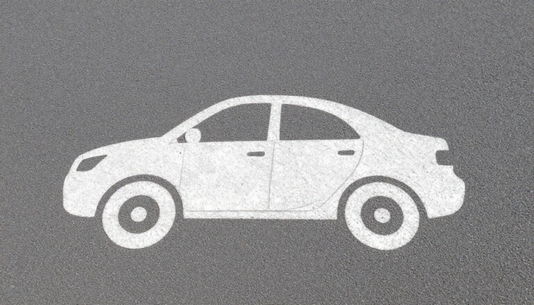 Symbole blanc d'une voiture simple, peint sur un revêtement routier gris texturé, utilisé pour indiquer une place de stationnement.