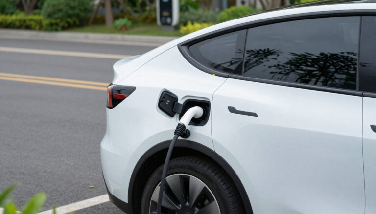 Vue latérale d'une voiture électrique blanche en charge sur une borne. Le câble est branché au port arrière gauche.