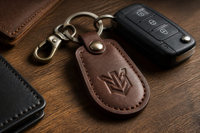 Porte-clés en cuir marron avec logo gravé, posé sur une table en bois à côté d'une clé de voiture et de portefeuilles.