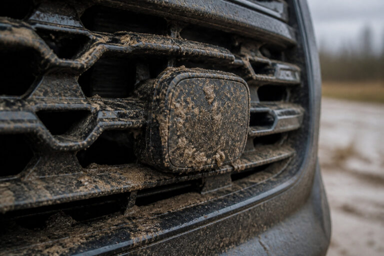 Un capteur de radar de voiture situé sur la calandre avant, recouvert de boue et de saleté après une conduite tout-terrain.