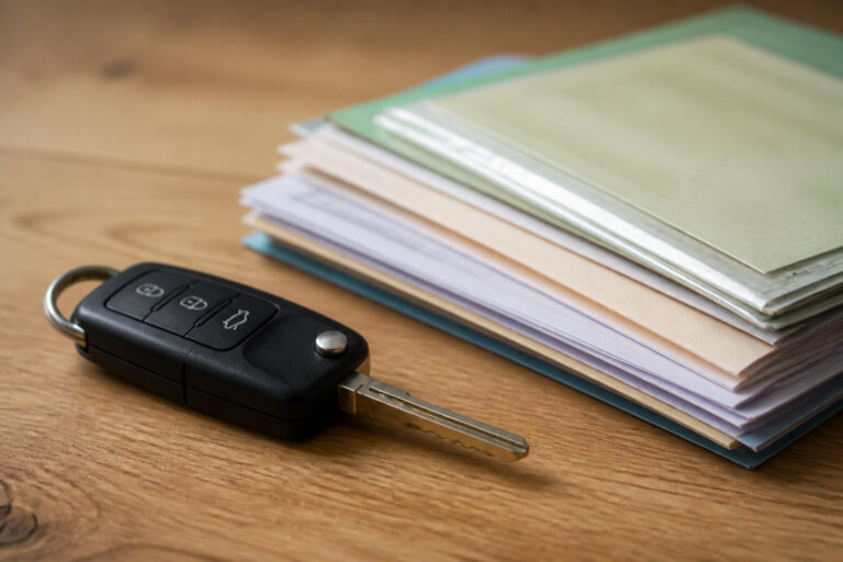 Une clé de voiture moderne posée à côté d'une pile de documents administratifs sur une table en bois.