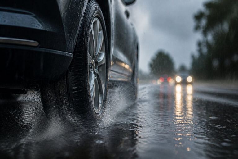Gros plan sur une roue de voiture roulant sur une route mouillée sous une pluie battante avec des phares au loin.