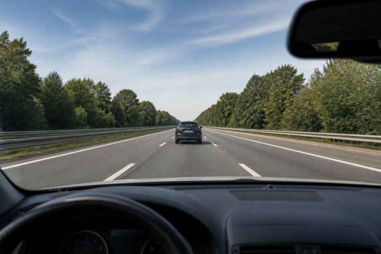 Vue du point de vue du conducteur sur une autoroute avec une voiture devant à bonne distance.