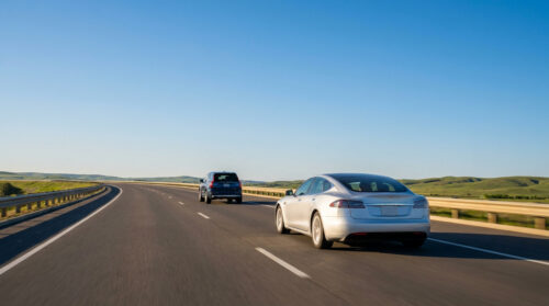 Deux voitures roulant sur une autoroute dégagée sous un ciel bleu clair.