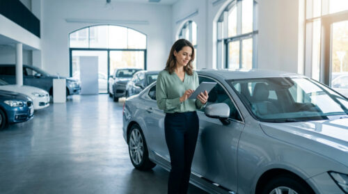 Une conseillère automobile utilise une tablette numérique devant une voiture dans un showroom moderne et lumineux.