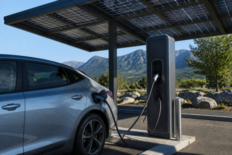 Voiture électrique grise branchée à une borne sous un ombrière solaire avec des montagnes en arrière-plan.