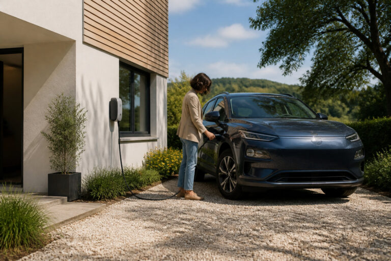 Une femme branche sa voiture électrique à une borne de recharge murale devant une maison moderne.