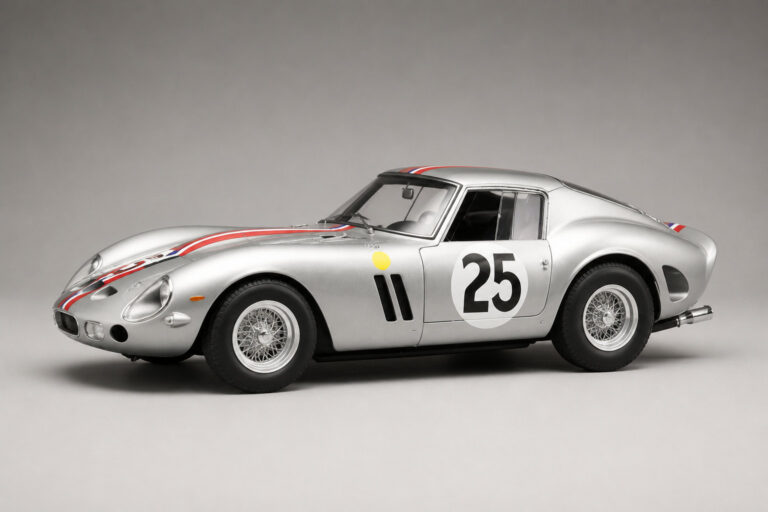 Modèle réduit de voiture de sport classique grise avec le numéro 25 sur fond neutre.