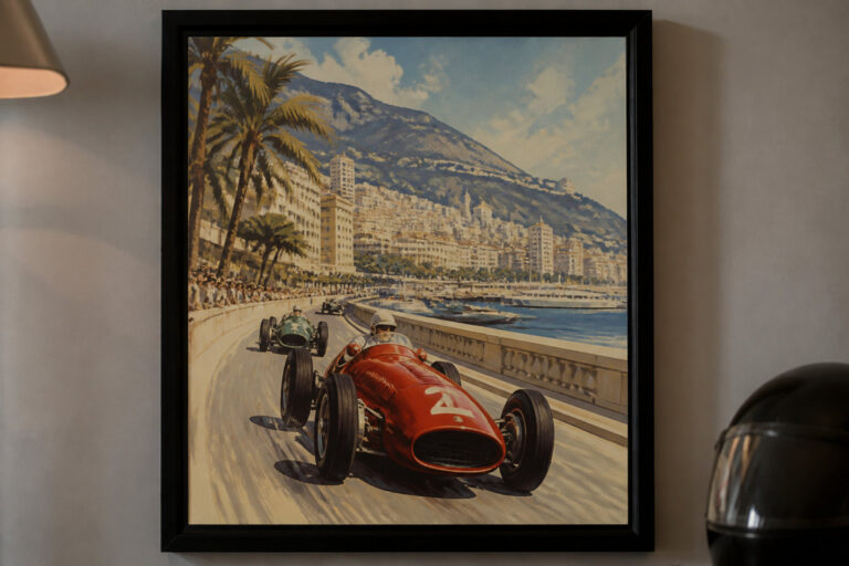 Peinture encadrée représentant une course de Formule 1 vintage le long du port de Monaco.