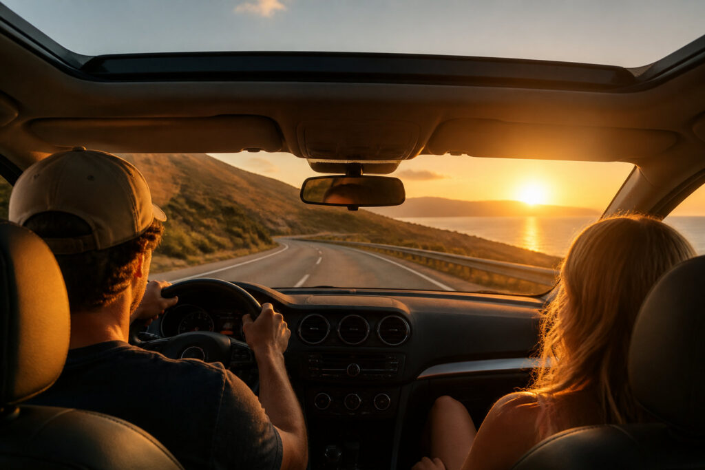 Un couple en voiture roulant sur une route côtière ensoleillée au coucher du soleil, vu de l'intérieur de l'habitacle.