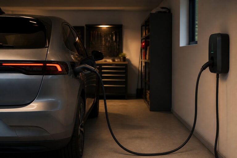 Une voiture électrique grise en cours de chargement sur une borne murale dans un garage moderne et sombre.