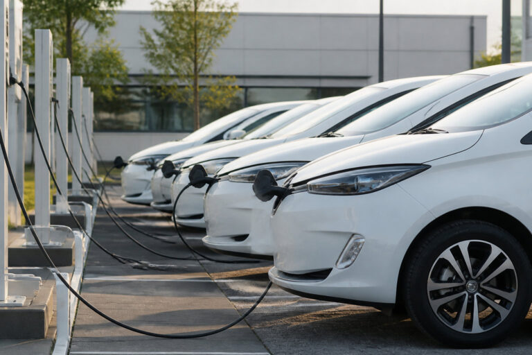 Rangée de voitures électriques blanches branchées sur des bornes de recharge dans un parking d'entreprise.