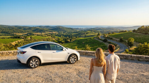 Couple observant un paysage vallonné et la mer avec une voiture électrique blanche garée à côté.