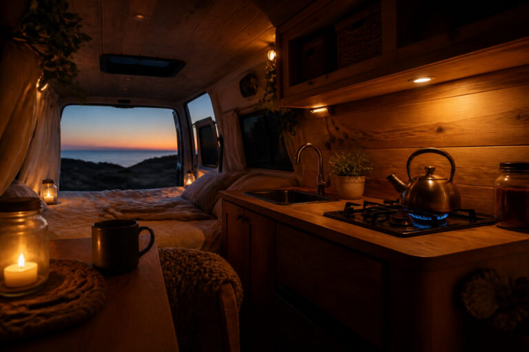 Intérieur chaleureux d'un van aménagé avec kitchenette, vue sur l'océan au crépuscule et éclairage tamisé.