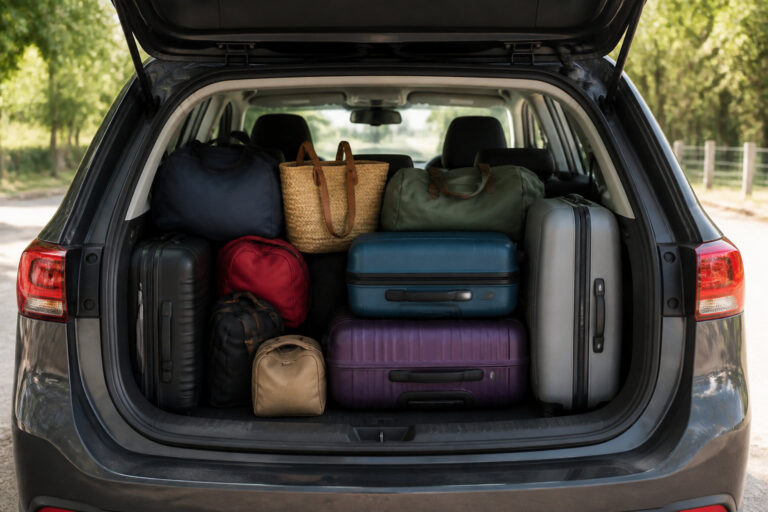 Vue arrière d'un coffre de voiture chargé de valises et de sacs de voyage pour un départ en vacances en famille.
