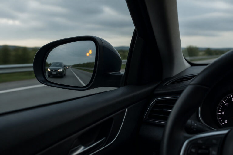 Rétroviseur extérieur d'une voiture sur une autoroute, montrant une autre voiture arrivant par l'arrière.
