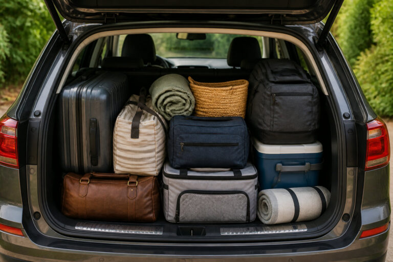 Coffre de voiture soigneusement rempli avec divers sacs, valises, glacières et couvertures pour les vacances.