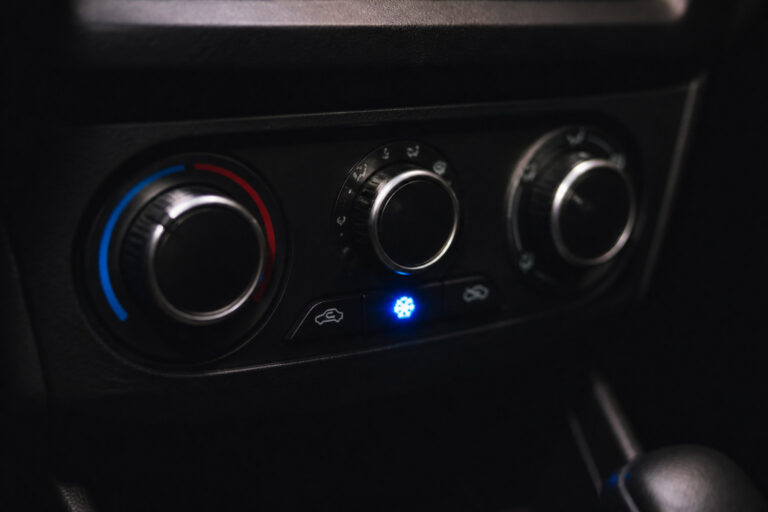 Boutons de contrôle de la climatisation d'une voiture avec le témoin lumineux bleu allumé.