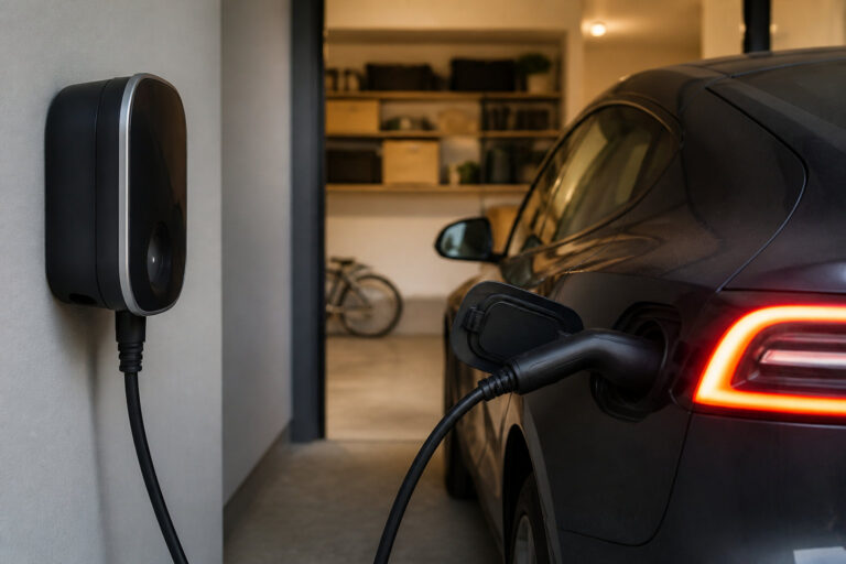 Voiture électrique noire en charge branchée à une borne murale dans un garage résidentiel.