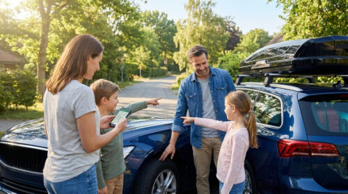 Une famille heureuse prépare une voiture bleue chargée pour le départ en vacances dans un cadre ensoleillé.
