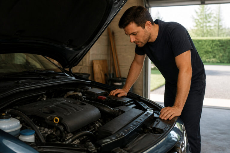 Un homme examine attentivement le moteur ouvert de sa voiture garée dans un garage.