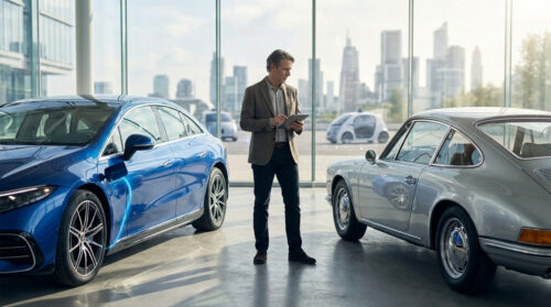Un homme en costume utilise une tablette entre une voiture électrique bleue moderne et une voiture thermique vintage.