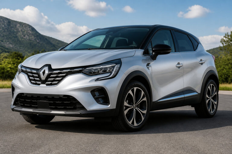 Un SUV Renault Captur gris argenté stationné sur une route avec des montagnes en arrière-plan sous un ciel bleu.