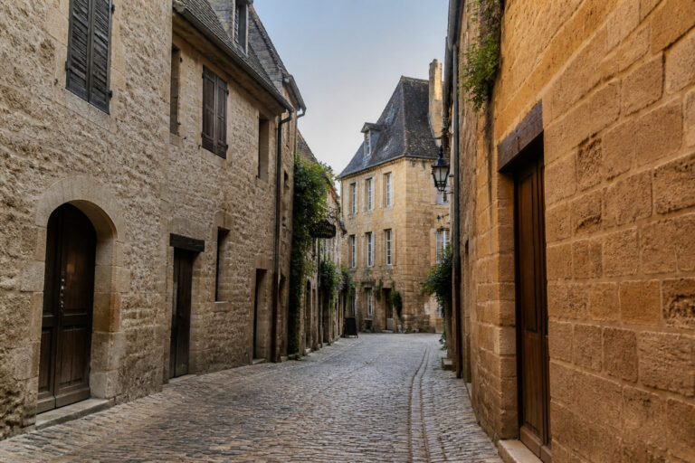 Rue pavée étroite et calme bordée de maisons en pierre dorée typique du Périgord.