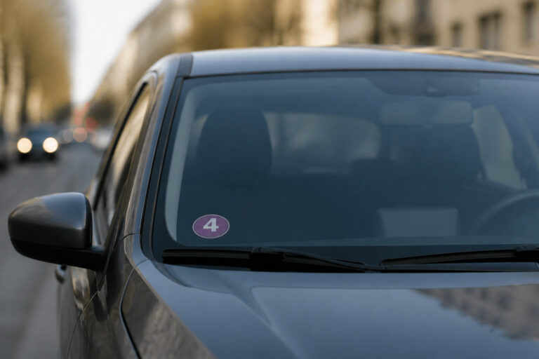 Gros plan sur le pare-brise d'une voiture avec une vignette Crit'Air 4 à l'intérieur.
