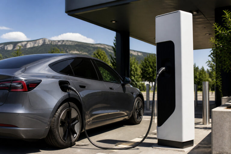 Un SUV électrique gris en train de charger à une borne blanche moderne sous un auvent avec des montagnes en arrière-plan.