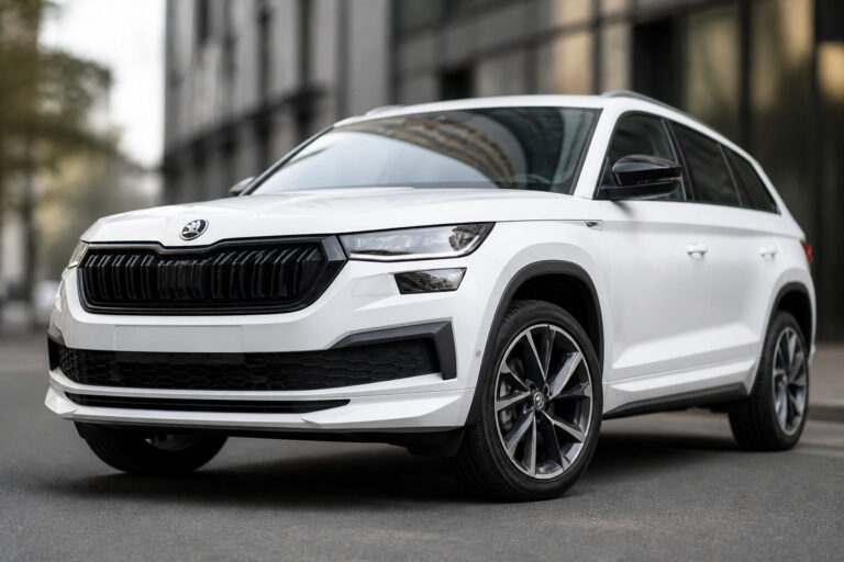 Un SUV Skoda blanc moderne stationné dans une rue urbaine.