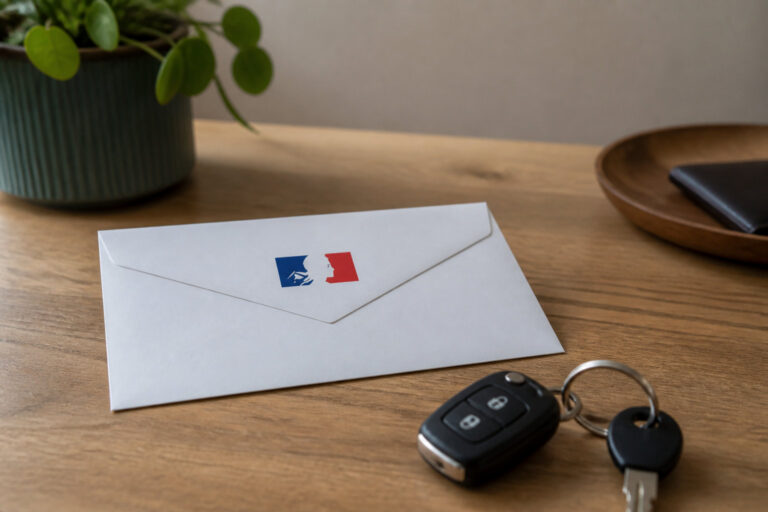 Une enveloppe officielle avec le logo de la République française posée sur une table en bois à côté de clés de voiture.