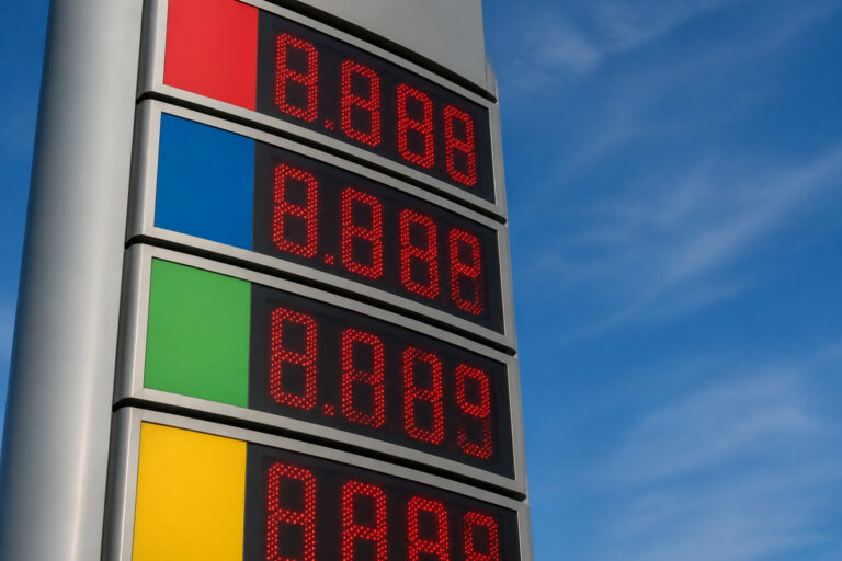 Panneau d'affichage électronique d'une station-service avec des chiffres rouges sur fond bleu.