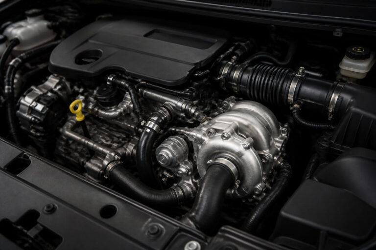 Gros plan sur le compartiment moteur d'une voiture moderne, mettant en évidence le turbocompresseur et les composants.
