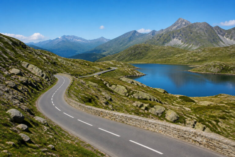 Une route sinueuse longe un lac bleu entouré de montagnes verdoyantes sous un ciel bleu dégagé.