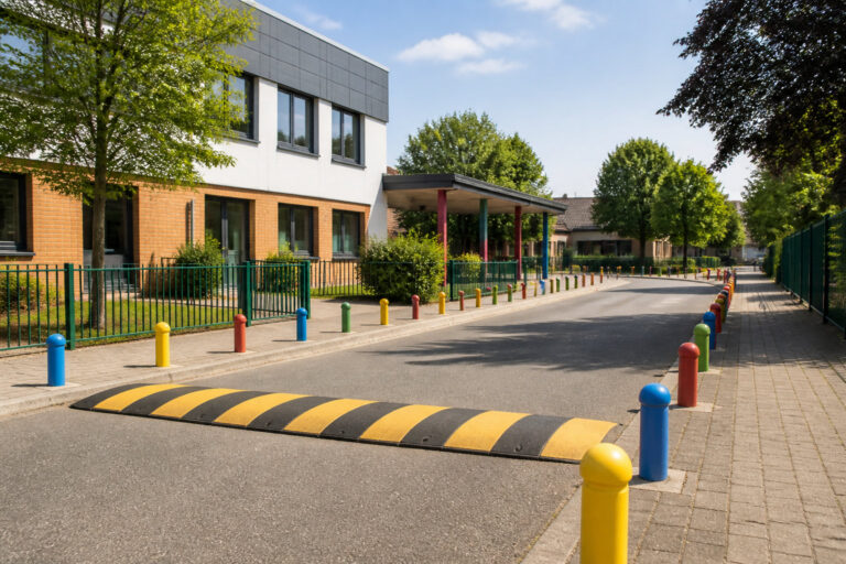 Ralentisseur jaune et noir devant une école avec des bornes de protection colorées le long du trottoir.