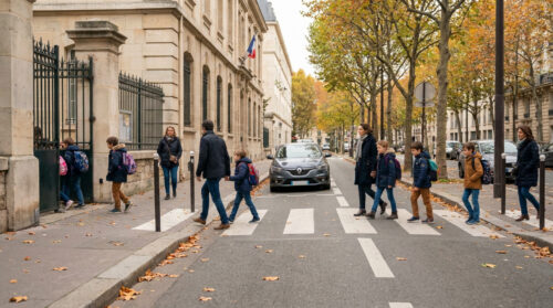 Parents et enfants traversant la rue sur un passage piéton devant une école par une journée d'automne.