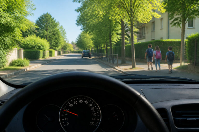 Vue du conducteur sur une route avec trois enfants portant des sacs à dos marchant sur le trottoir.