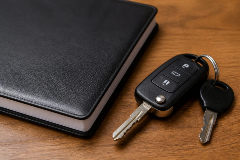 Un carnet noir et un trousseau de clés de voiture posés sur une table en bois.