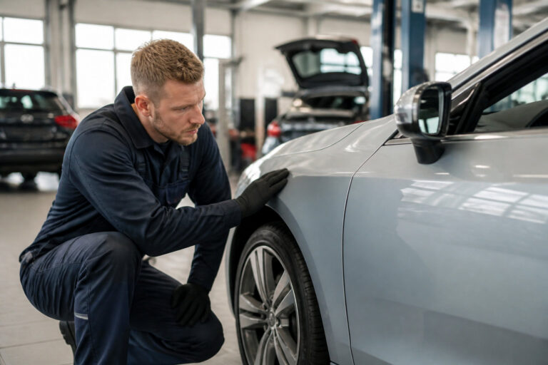 Un mécanicien professionnel examine l'aile d'une voiture dans un atelier automobile.